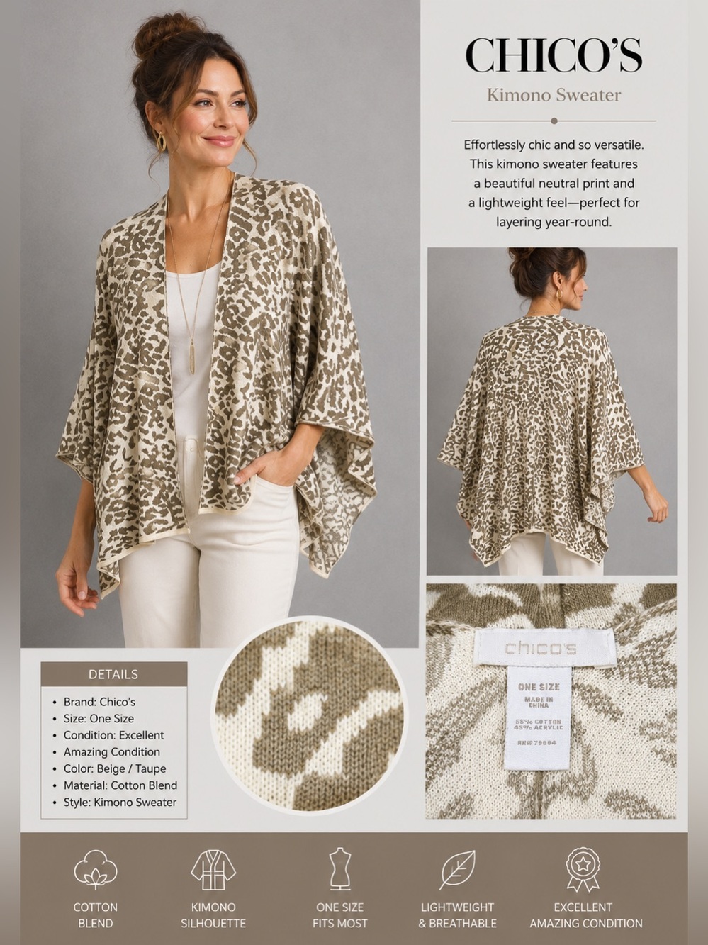 Chico’s One Size Animal Print Kimono Sweater Cotton Blend Beige Taupe